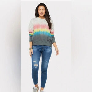 Sundry Pullover Sweatshirt Women's 3 Gray Multi Tie Dye Stripe Crew Neck Cotton